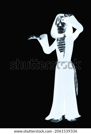 funny skeleton in cloak is thinking, 3d illustration
