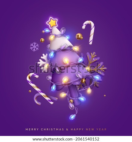 Christmas sparkling bright tree. Merry Christmas and Happy new year. Realistic 3d design of objects, light garlands, snowflake, candy cane, purple colors compositions. Vector illustration Royalty-Free Stock Photo #2061540152