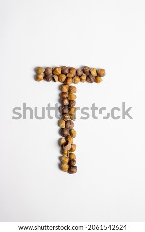 Autumn font letter T made of real natural hazelnuts against white paper background.Unique fall collection of letters. Top view. Flat lay.