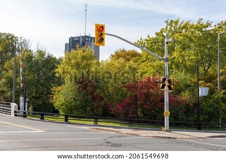 Traffic light on the street of Ottawa city in Canada in autumn season on a sunny day