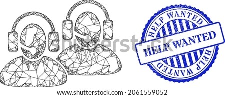 Vector crossing mesh call center frame, and Help Wanted blue rosette textured seal imitation. Hatched frame network image based on call center pictogram, is created from intersected lines.