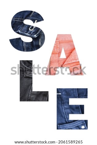 Caption sale from photos of jeans, different colours. Promotion concept.