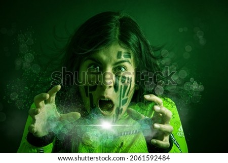 Fiction photo of a woman creating a kind of energy from her hands. Concept of having a super power. Creative makeup.
