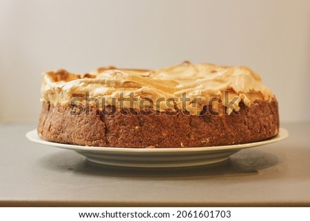Delicious homemade cake with meringue and apple on grey background and with slight sepia effect. High quality photo Royalty-Free Stock Photo #2061601703