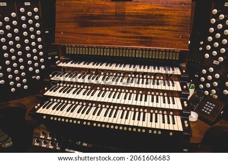 Close-up view of antique church organ 