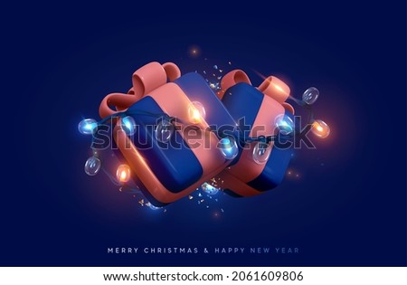 Christmas gift box. Presents with surprise, wrapped in bright light burning garland. Xmas festive background with realistic 3d design element. Happy New Year. Two blue boxes. Vector illustration