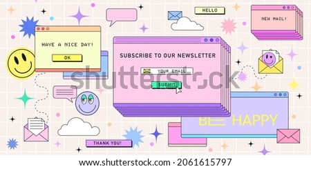Subscribe newsletter web banner template in retro computer interface style. Retrowave design for mail marketing. 90s browser tab with new message, vintage browser dialog tab and hipster stickers. Royalty-Free Stock Photo #2061615797