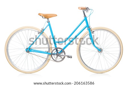 Stylish womens blue bicycle isolated on white background Royalty-Free Stock Photo #206163586