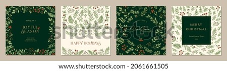 Ornate Merry Christmas Corporate Holiday greeting cards. Trendy square Winter Holidays art templates. Suitable for social media post, mobile apps, banner design and web, internet ads.