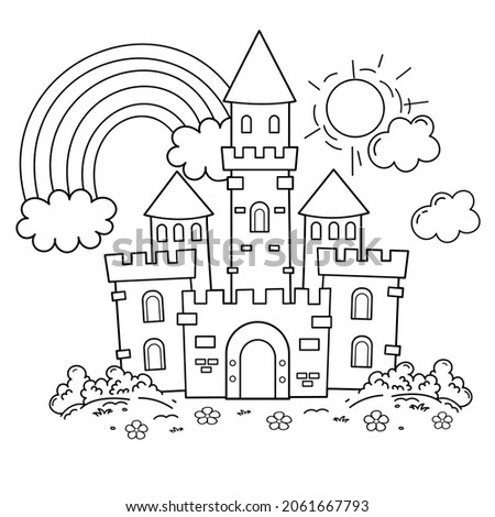 Coloring Page Outline Of cartoon fairy tale castle.  Beautiful royal palace. Coloring Book for kids. Royalty-Free Stock Photo #2061667793