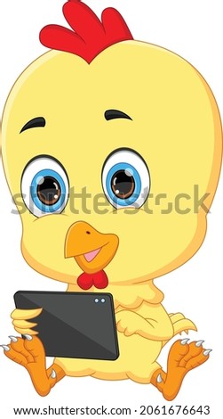 cartoon baby chicken with tablet phone