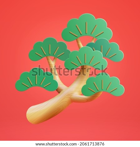 3d Japanese bonsai pine branch with leaf. Nature element isolated on red background, suitable for Chinese new year decoration
