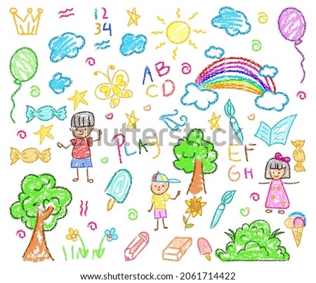 Child drawings with crayon. Kids doodle drawing, children crayon drawing and hand drawn kid ice cream, balloon, rainbow and trees pastel pencil doodle vector illustration