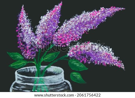 Oil painting of pink and purple lilac flowers in a glass jar on black background
