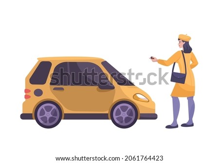 Parking flat composition with character of female driver locking her car vector illustration
