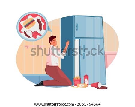 Nutrition flat composition with male character thinking of food embracing the fridge vector illustration