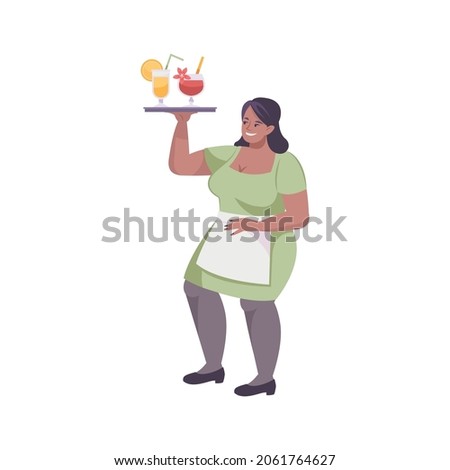 Cool drink flat composition with female character of waiter carrying cold cocktails vector illustration