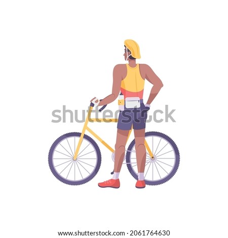Bike tourism flat composition with character of standing bicycle rider vector illustration