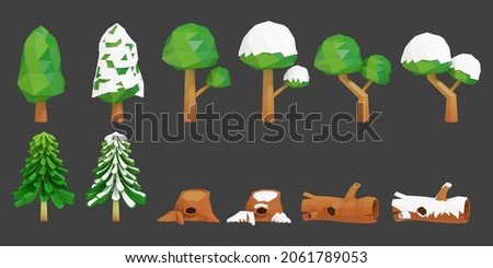 3D illustration of set of tree, low poly tree, winter, spring, trunk, snow trunk, dead tree on isolated background. 3d rendering