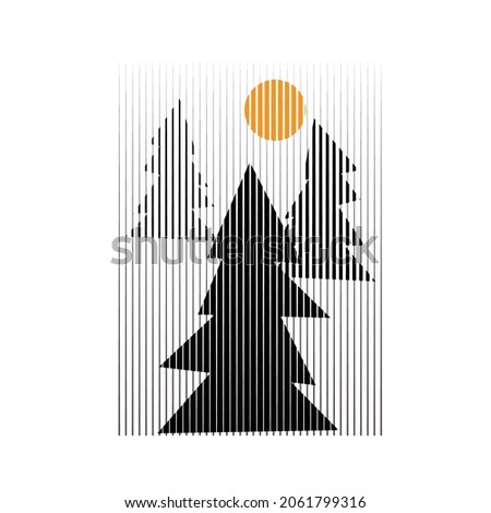 Modern poster with minimalist design elements . Sunset and fir trees . Boho style . Wall art , home deco . Vector abstract shape.