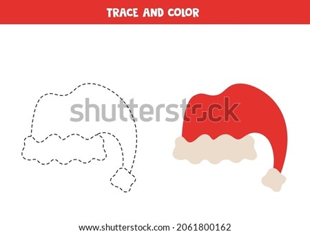 Trace and color cute red Santa cap. Educational game for kids. Writing and coloring practice.