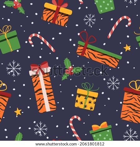 Christmas background, boxes with gifts. For fabric, wrapping paper and other decoration. Vector illustration