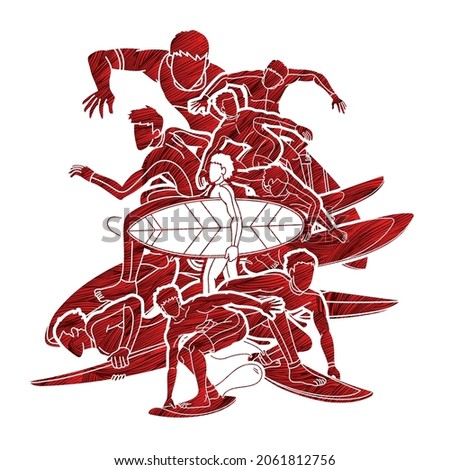 Group of Surfer Action Surfing Sport Players Cartoon Graphic Vector
