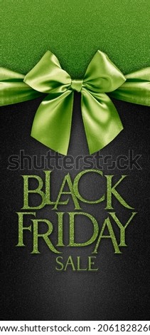 black friday gift card with shiny green ribbon bow isolated on glittering black background template with black friday sale written text, banner of advertising label promotional discounts offer