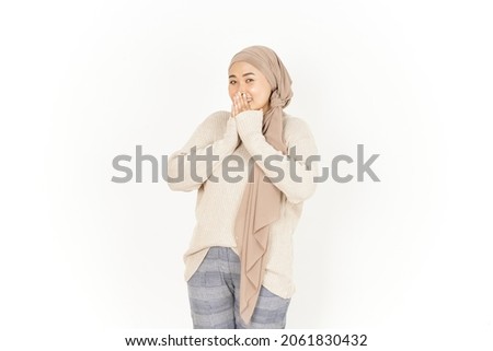 Shy and Covering Mouth of Beautiful Asian Woman Wearing Hijab Isolated On White Background