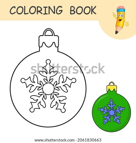 Coloring book with cartoon Christmas tree toy. Colorless and color samples Ball on coloring page for kids. Coloring design in cute cartoon style. Black contour silhouette with a sample for coloring.