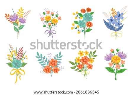 Bouquet of garden flowers set. Vector illustrations of summer floral collection with blossoms and greenery. Cartoon bunch of plants with bow isolated on white. Romantic gift, wedding card concept