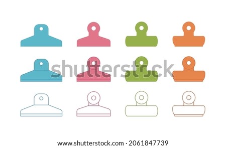 Paper picking clip graphic illustration set. A collection of bulldog clip icons of various types.