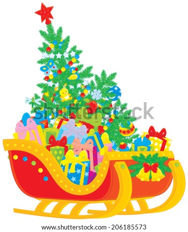 Santa's sleigh with Christmas tree and gifts