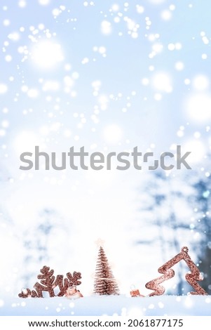 Christmas outdoor decoration. Happy new year ornament background with golden balls, xmas holiday tree. White winter snow background. Minimal snowflake backdrop