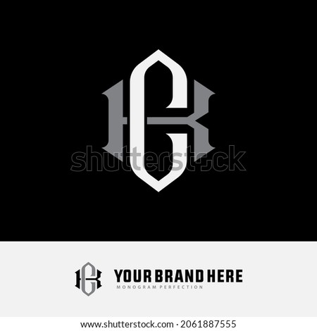 Monogram logo, Initial letters C, K, CK or KC, white and grey color on black background