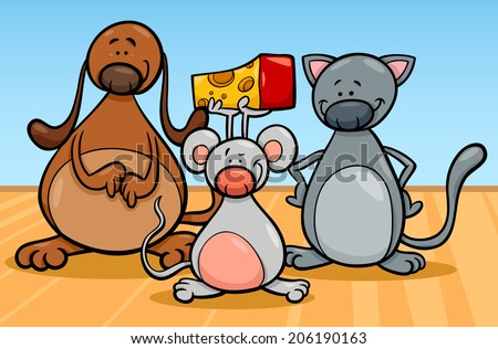 Cartoon Illustration of Cute Dog Cat and Mouse Pets Characters