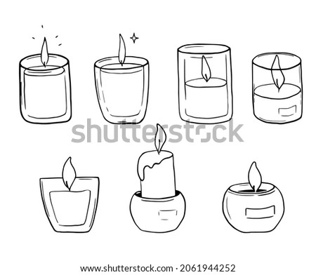 Hand drawn set of candles. Doodle candles. Burning aroma candles in glass jars doodle Royalty-Free Stock Photo #2061944252