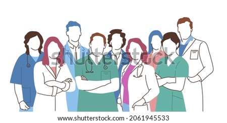 Group of doctors and nurses, medical staff. Hand drawn vector illustration.
