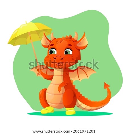 vector cartoon dragon. fabulous fantastic character. A small dragon isolated on a white background stands in yellow rubber boots and holds a yellow umbrella in its paw.
