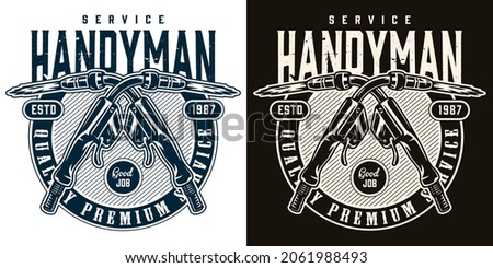 Blue collar work tools badge with crossed welding torches in vintage monochrome style isolated vector illustration