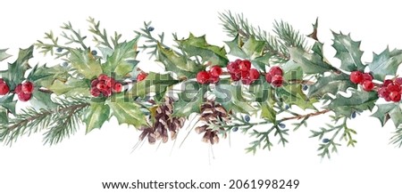 Beautiful horizontal floral christmas seamless pattern with hand drawn watercolor winter flowers such as holly. Stock 2022 winter illustration.