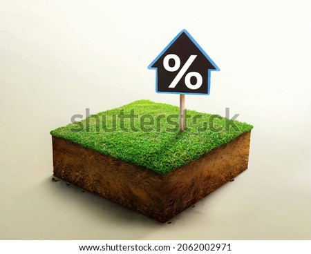 House symbol sign with interest rate sign on grass and geology cross section with soil on light background. Mortgage rates business concept of investment real estate interest rates. 3d illustration.