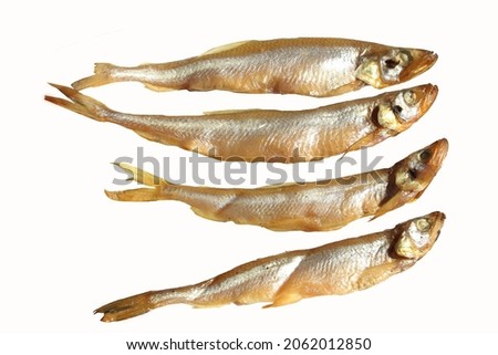 Smoked capelin isolated on white background. Salted Mallotus villosus. Beer snacks, smoked seafood