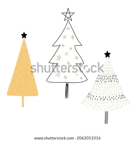 Hand drawn doodle Christmas tree. Brush painted stylized trees for New Year and Christmas greeting cards, wrapping holiday design.