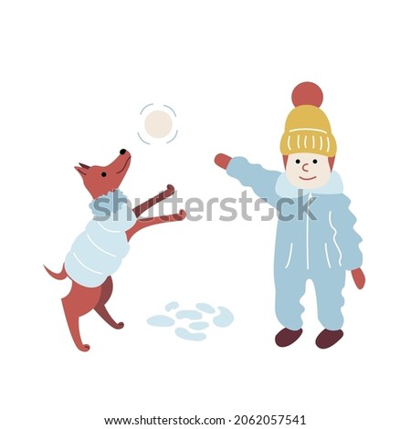 A child on a winter walk with a dog plays snowballs. The kid in warm winter clothes is smiling and having fun. Vector illustration in flat style isolated on white background.