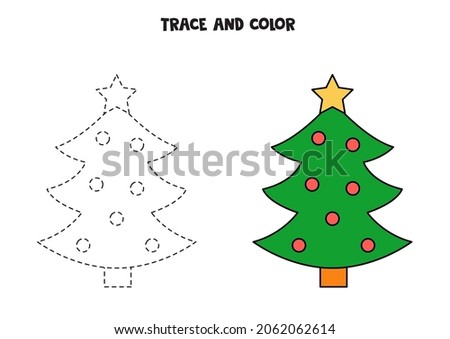 Trace and color cute cartoon Christmas tree. Educational game for kids. Writing and coloring practice.