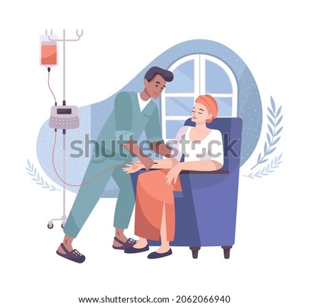 Oncology flat composition with character of medical specialist with patient and drop bottle vector illustration