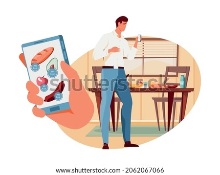 Nutrition flat composition with kitchen scenery and man with smartphone nutritions app vector illustration