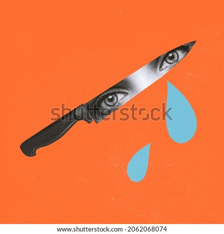 Domestic violence. Contemporary art collage of knife with female eyes and teardrops falling isolated over orange background. Concept of safety, human rights, feminism, protection. Copy space for ad Royalty-Free Stock Photo #2062068074
