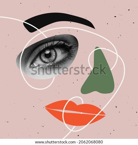 Tender beauty. Contemporary art collage of beautiful female eye and one line drawings isolated over pink background. Concept of art, creativity, imagination, beauty, youth. Copy space for ad